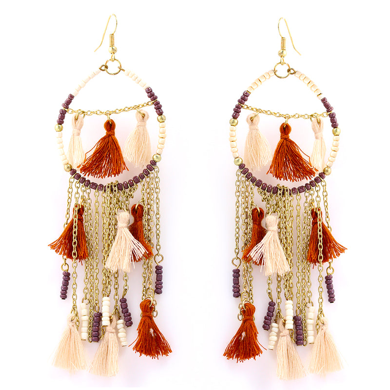 Gold Tone Metal Brown And Ivory Beads Tassel Earring
