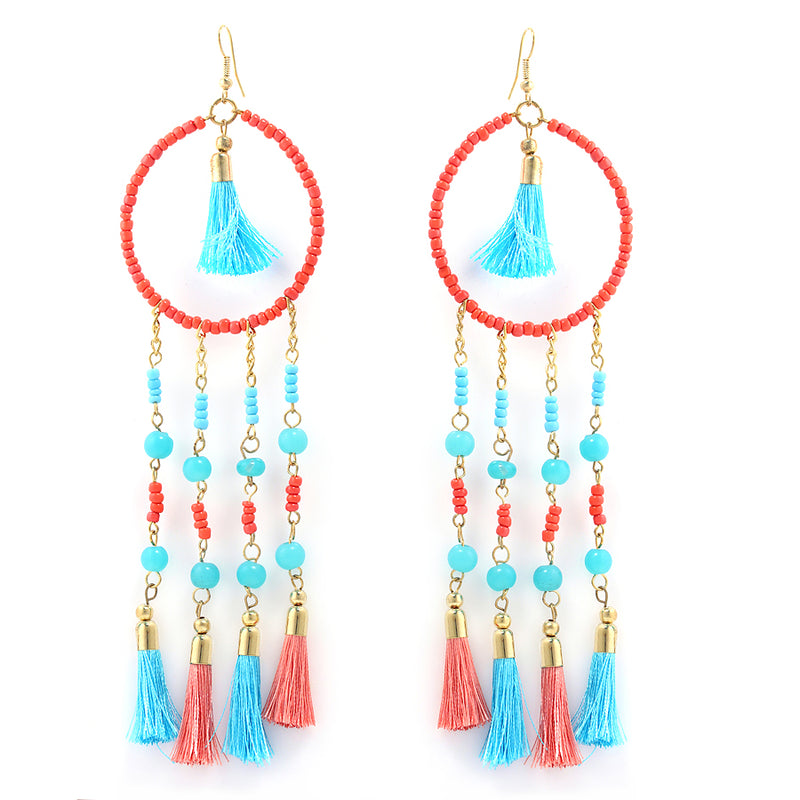 Gold Tone Metal Coral And Turquoise Beads Tassel Earring