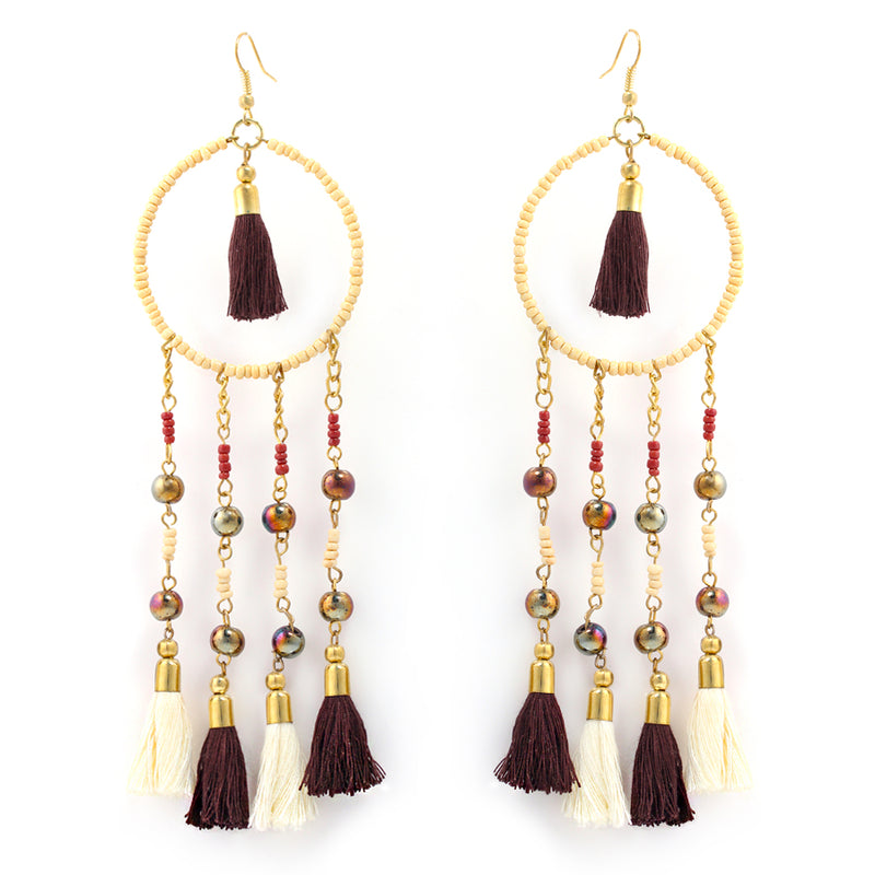 Gold Tone Metal Ivory And Brown Beads Tassel Earring