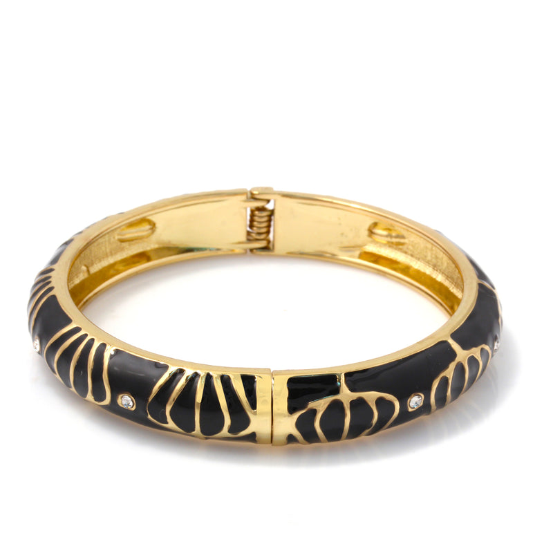 Gold Tone Metal Black Enamel Hinged Bracelets