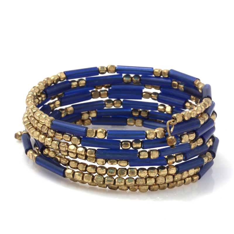 Gold Tone Metal And Blue Wrap Around Bracelets