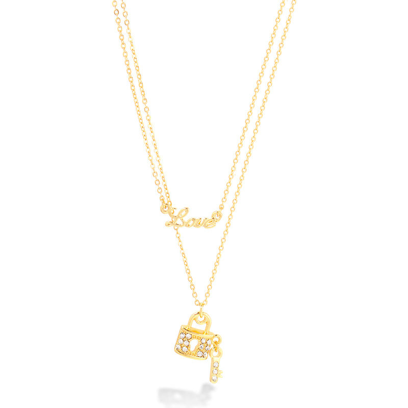 Gold Double Rows Chain With Little Lock And Love Pendant Necklace