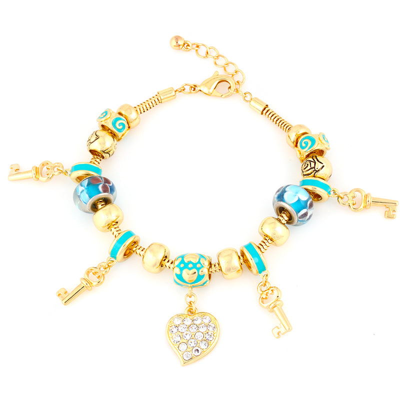 Gold Turquoise Mix Heart And Keys Charm Bracelet