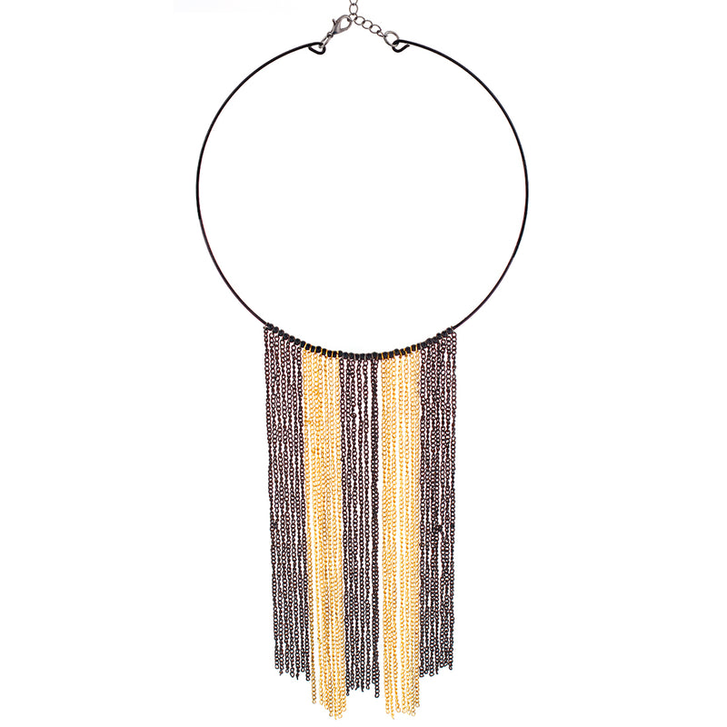 Gold And Black Choker Necklace With Gold And Black Hanging Chains