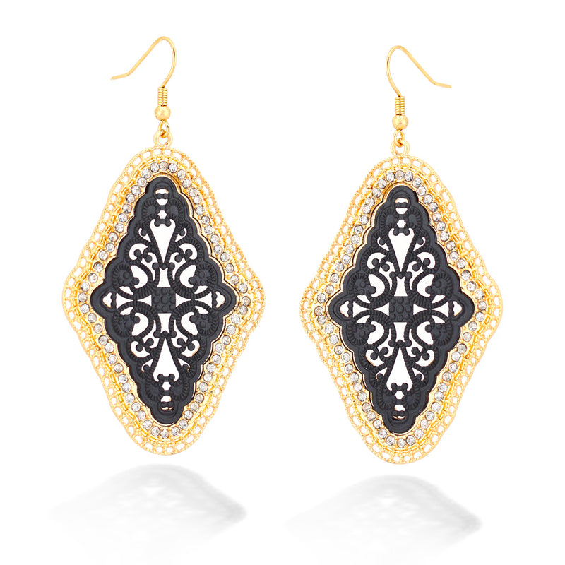 Gold And Black Intricate Diamond Shaped Earrings