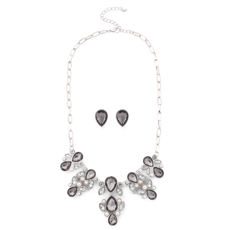 Rhodium-Tone Simulated Pearl And Crystal Necklace Earring Set