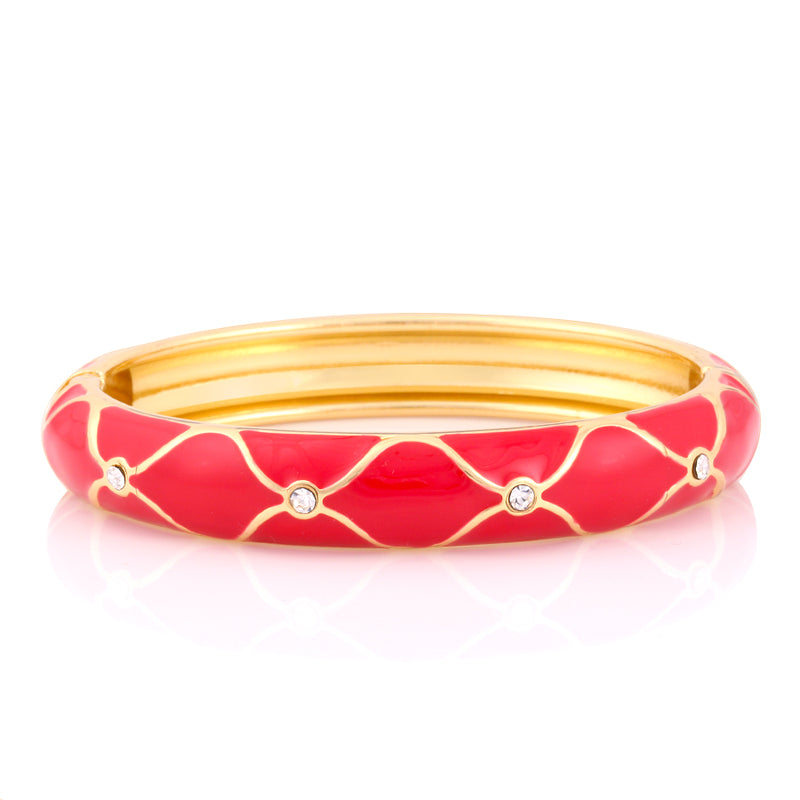 Gold-Tone Red Hinged Bangle With Stones Epoxy Design