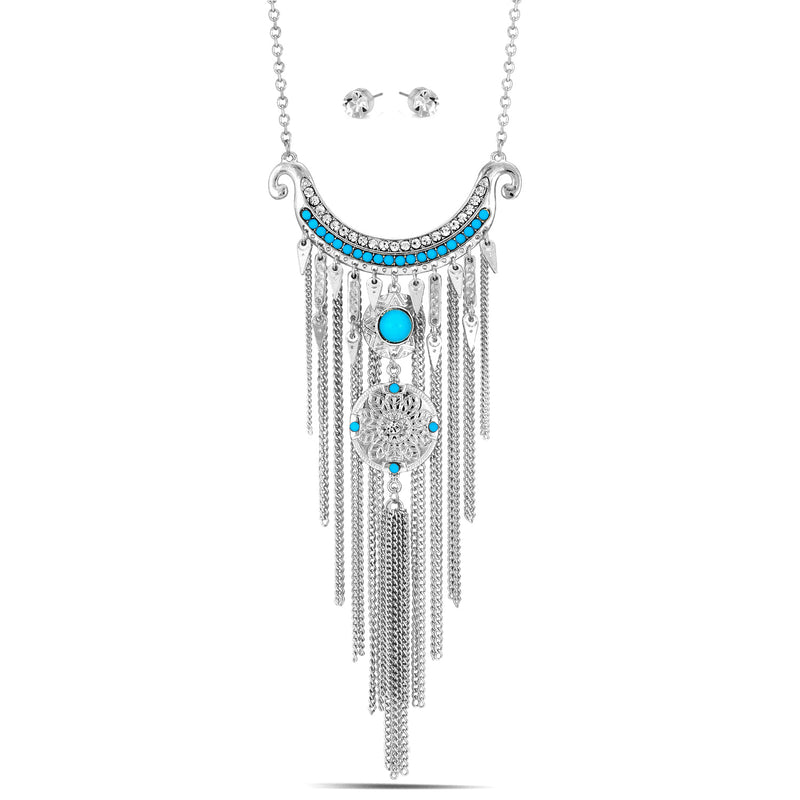 Silver-Tone Metal Turquoise And Crystal Tasel Adjustable Lobster Claw Closure Necklaces And Earrings Set