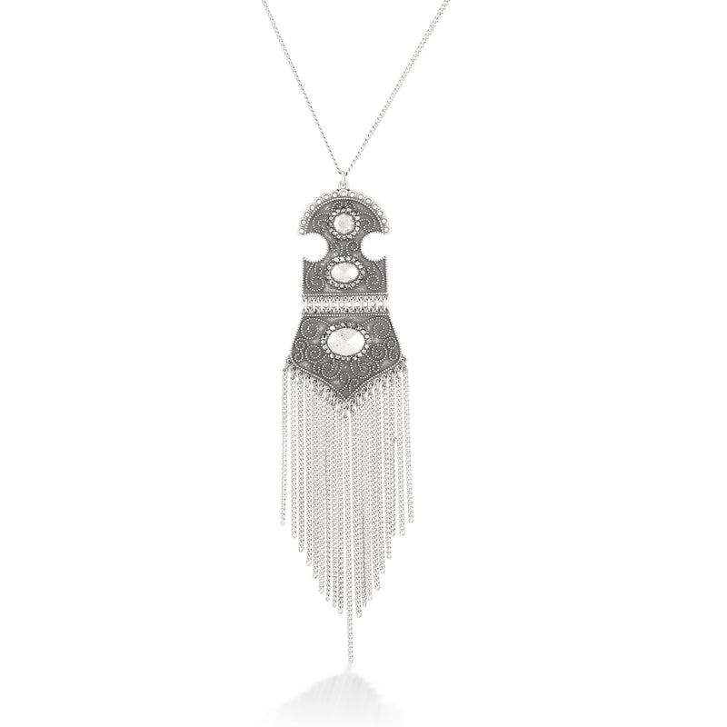 Silver-Tone Metal Long Chain Tassel Necklace