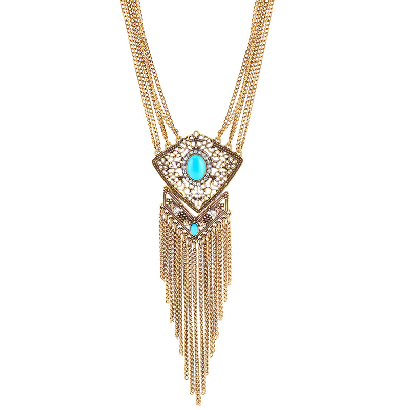 Gold-Tone Turquoise White Crystal Tassel Necklace