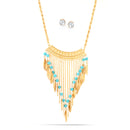 Gold-Tone Metal Tiurquoise Tassel Necklace And Crystal Earrings Set
