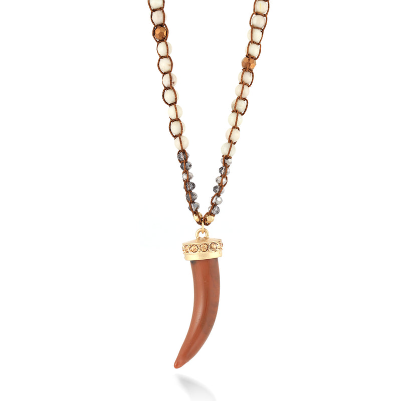 Gold-Tone Metal Cream Beads Brown Horn Necklace