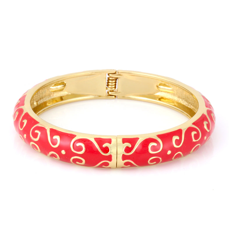 Gold-Tone Metal Filigree Red Enamel Hinged Bracelets