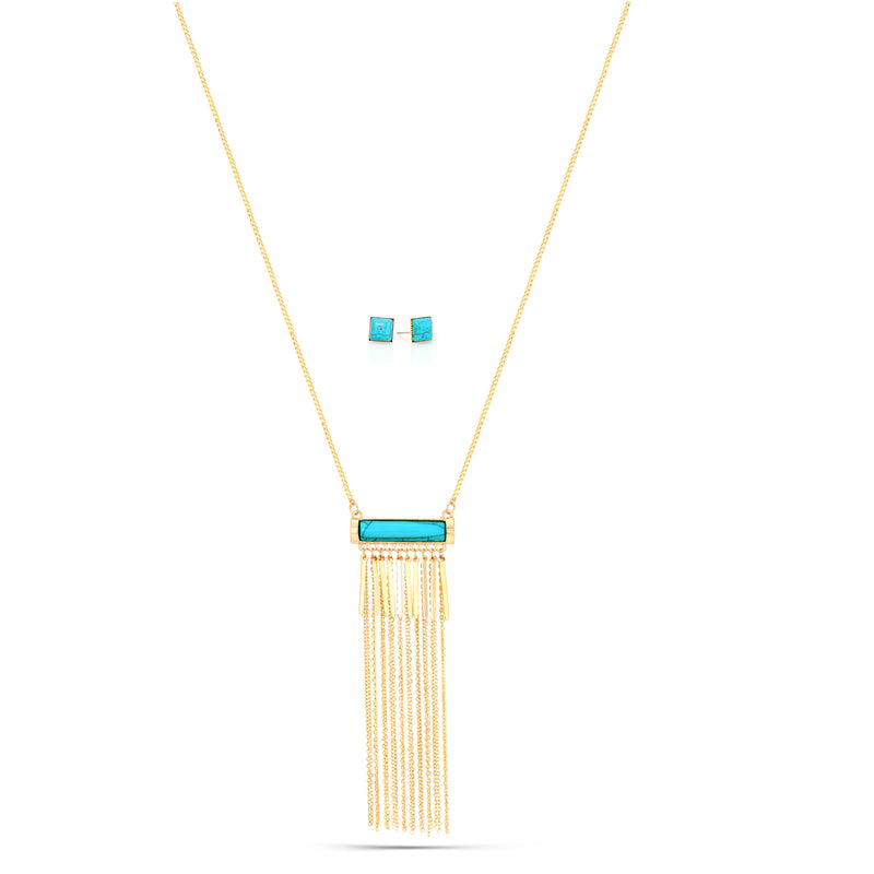 Gold-Tone Metal Turquoise Resin Tassel Necklace And Earring Set