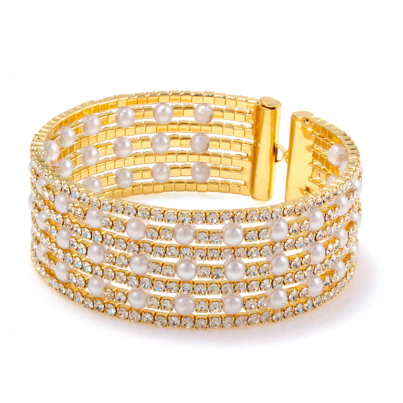 Gold-Tone Metal Crystal And Pearl Stretch Bracelets