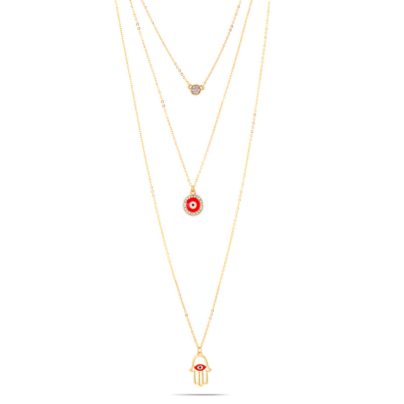 Tazza-Gold-Tone Metal Red Evil Eye Charms Three Layer Necklace