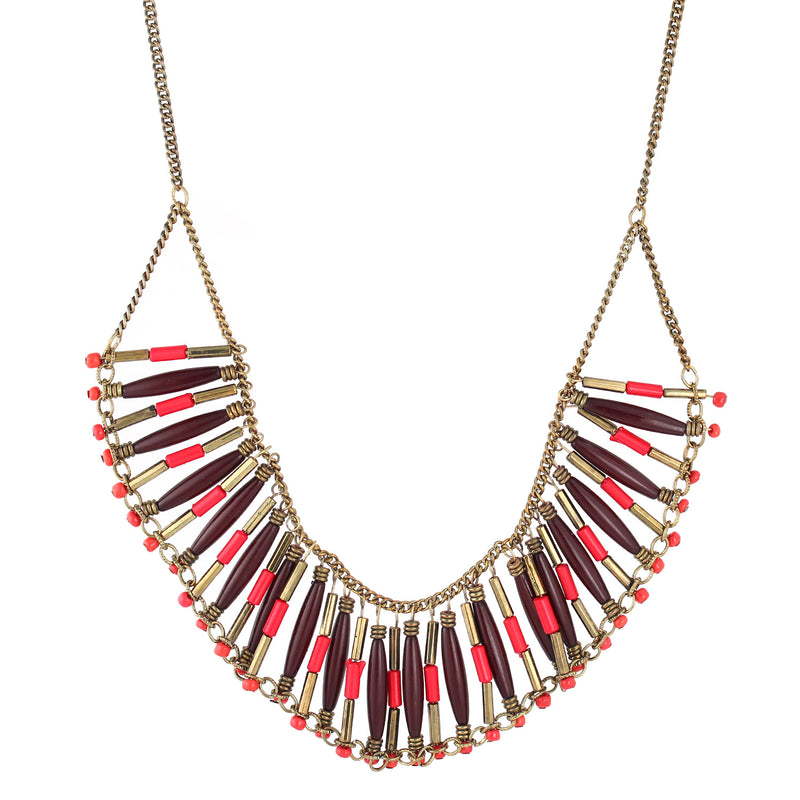 Gold-Tone Metal Coral And Burgundy Beads Adjustable Lobster Closure Necklace