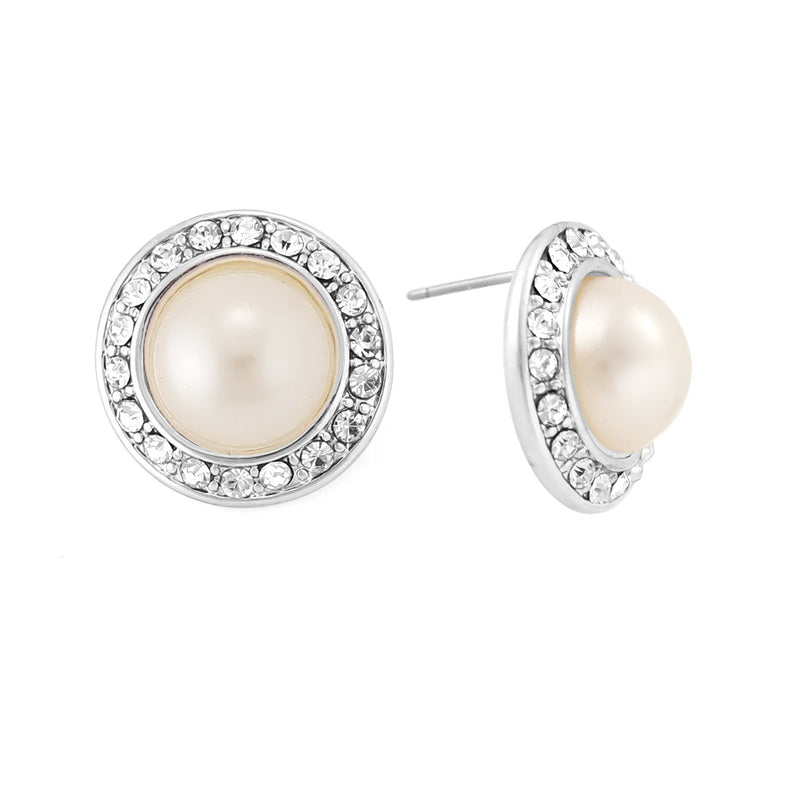 Taza-Silver-Tone Metal White Pearl Crystal Stud Earrings