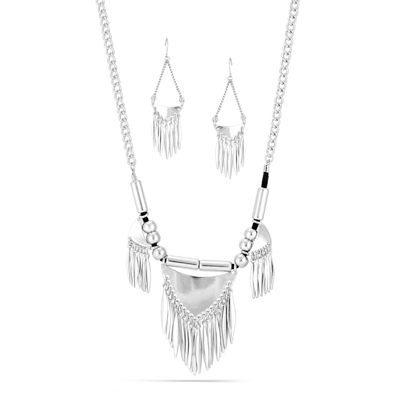 Taza-Silver-Tone Metal Tassel Necklace And Earrings Set
