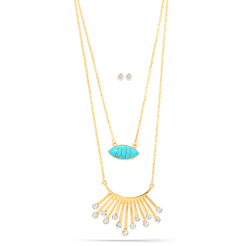 Gold-Tone Metal Turquoise And Crystal Necklace And Earrings Set