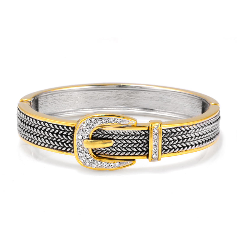 Gold Silver-Tone Metal Crystal Buckle Hinged Bracelets