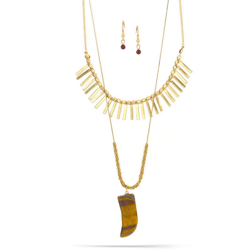 Gold-Tone Metal Tiger'S Eye Two Layered Necklace And Earrings Set