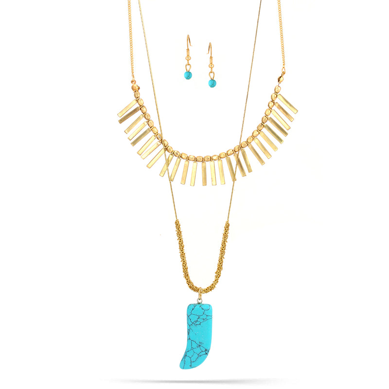 Gold-Tone Metal Turquoise Two Layered Necklace And Earrings Set