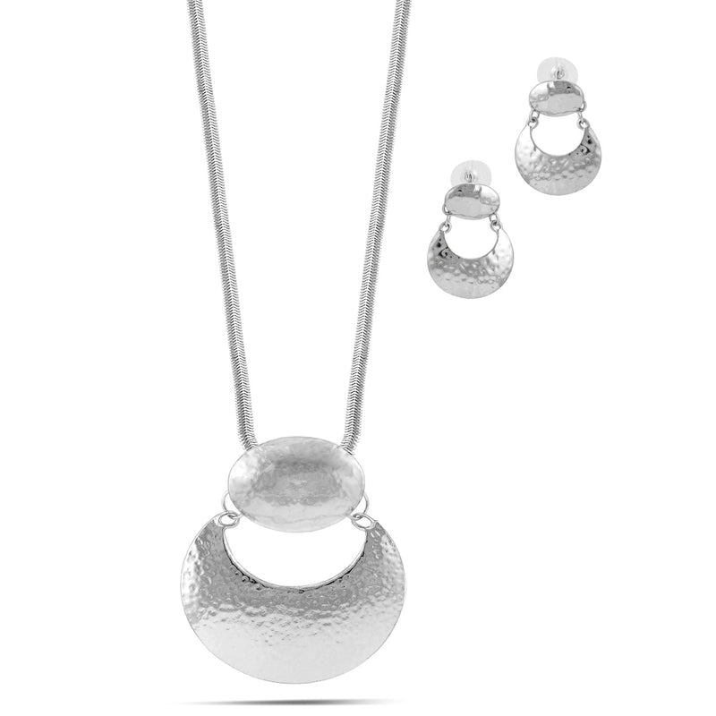 Tazza Rhodium Tone Hammered Snake Chain Earring And Necklaces Set