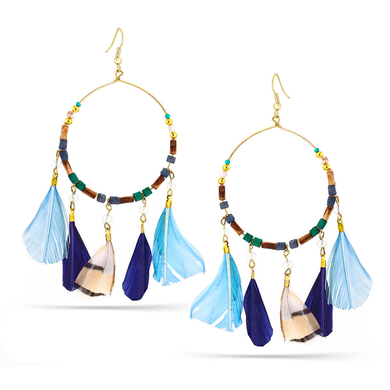 Gold And Multi-Color Wood Bead Feather Drop Earrings