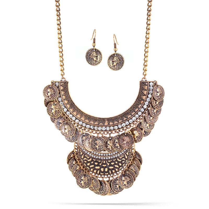 Antique Gold-Tone Metal Coins Drop Earrings And Necklace Set