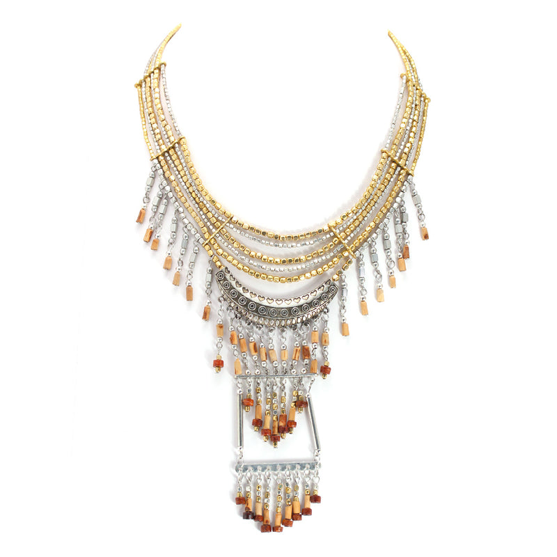 Taza-Gold-Silver-Tone Metal Wooden Beads Tassel Necklace