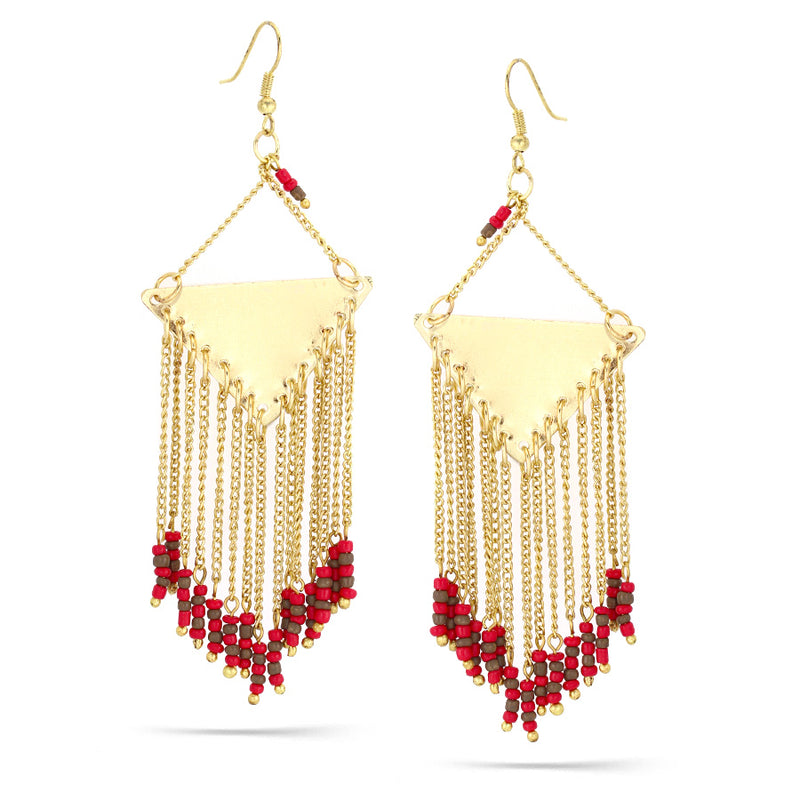 Taza-Gold Triangle Fuchsia Seed Bead Tassel Earrings