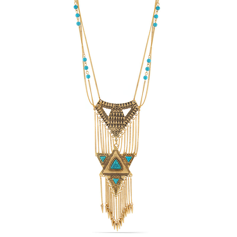 Tazza-Gold-Tone Metal Turquoise Tassel Necklace