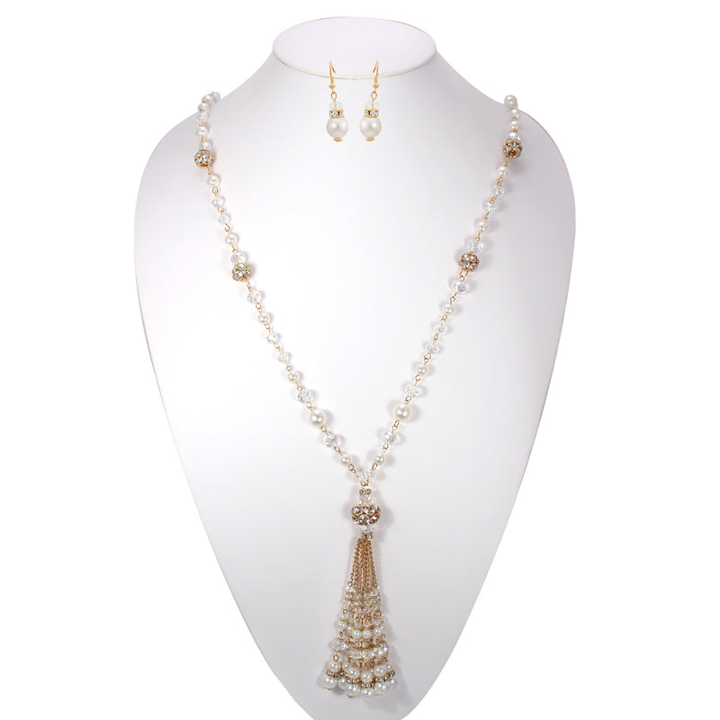 Gold-Tone Metal Pearl And Crystal Earrings And Adjustable Lobster Closure Necklaces Set