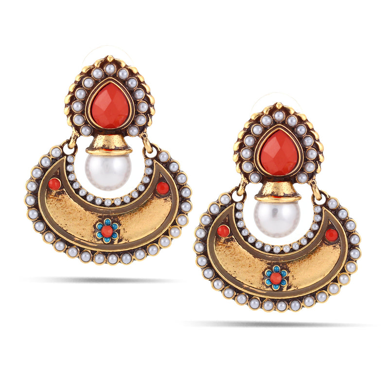 Gold-Tone Metal Coral And Pearl Stud Earrings