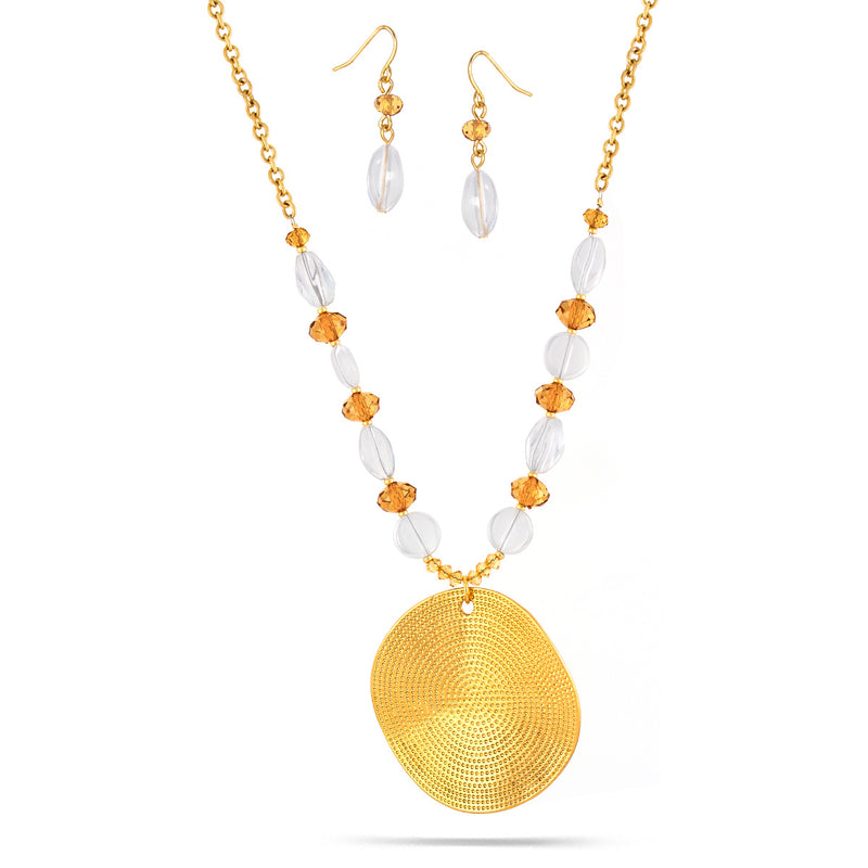 Tazza-Gold-Tone Metal Clear And Yellow Beads Earrings And Necklace Set