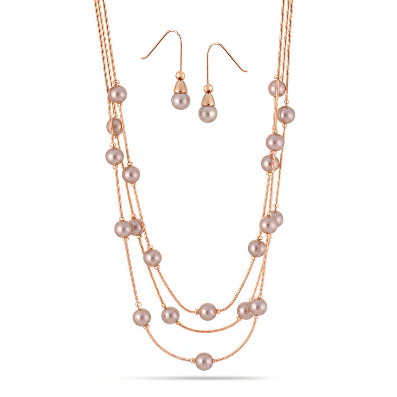 Rose Gold-Tone Metal Champagne Pearl Three Layered  Lobster Claw Closure Necklaces And Earrings Set