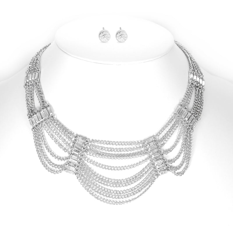 Rhodium-Tone Metal Multilayered Chain Adjustable Lobster Closure Necklaces And Earrings Set