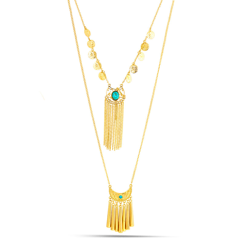 Gold-Tone Metal Coins Turquoise Layered Adjustable Lobster Claw Closure Necklace