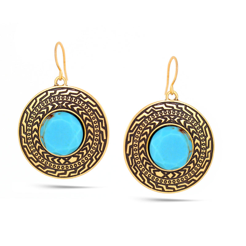 Gold Oxidized-Tone Metal Turquoise Round Earrings