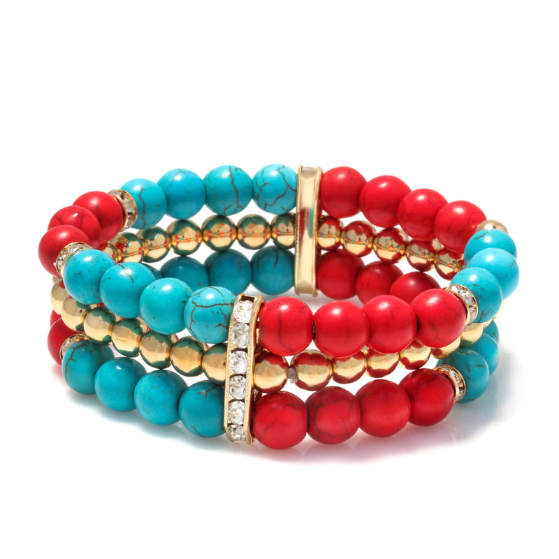 Gold-Tone Metal Turquoise And Coral Crystal Stretch Bracelets