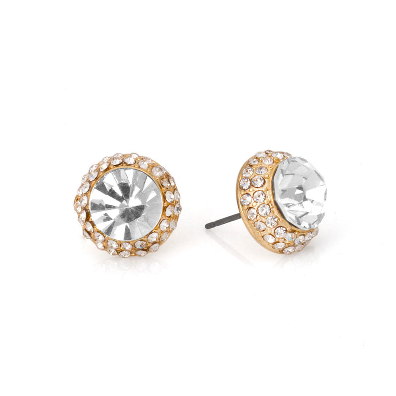 White Round Crystal Rhinestones Gold Post Earrings