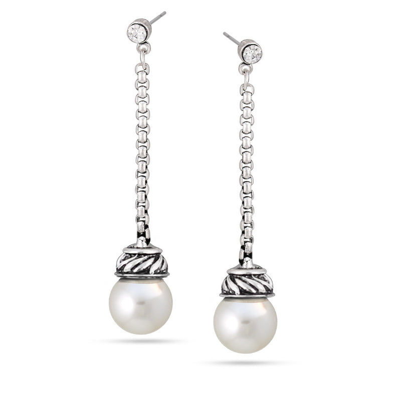 Silver-Tone Metal Crystal And Pearl Tassel Earrings