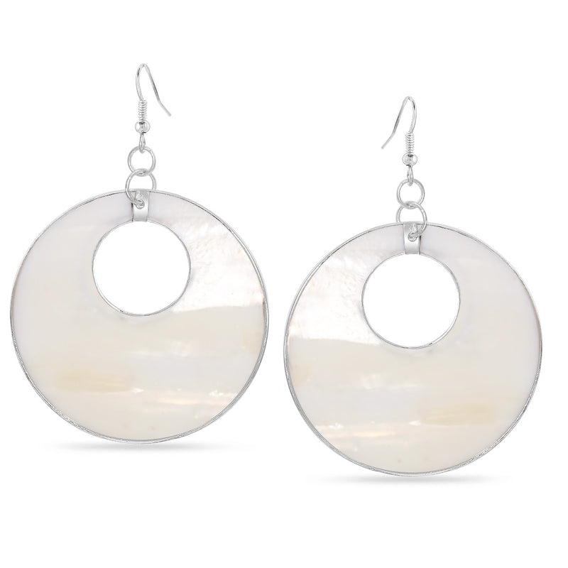 Silver-Tone Metal White Mother Of Pearl Circle Drop Earrings