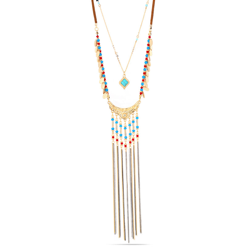Gold-Tone Metal Turquoise Layered Adjustable Lobster Claw Closure Tassel Necklaces