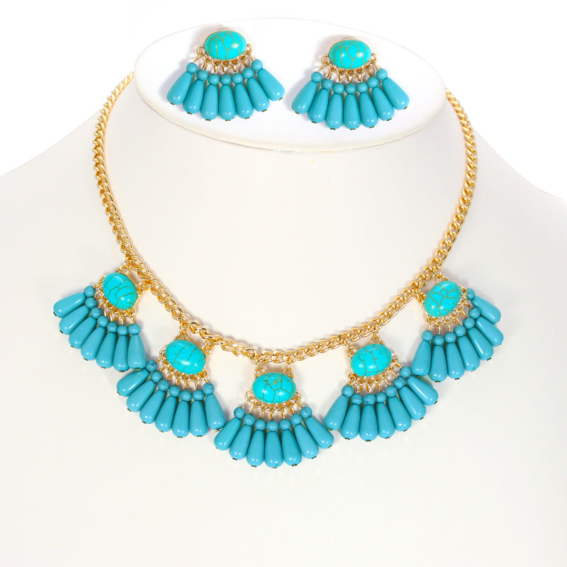 Gold-Tone Metal Turquoise Earrings And  Adjustable Lobster Claw Closure Necklace