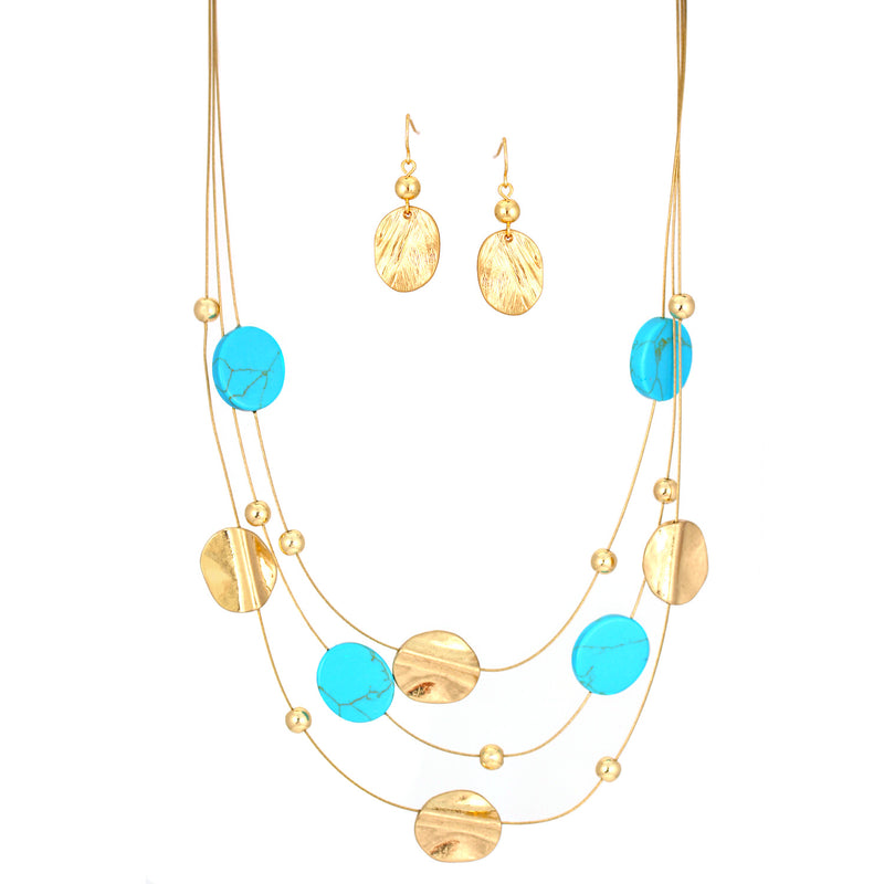 Gold-Tone Metal Turquoise And Gold Adjustable Lobster Claw Closure Necklaces And Earrings Set