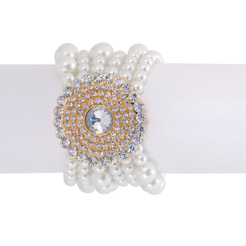 Gold-Tone Metal Crystal White Pearl  Stretch Bracelets