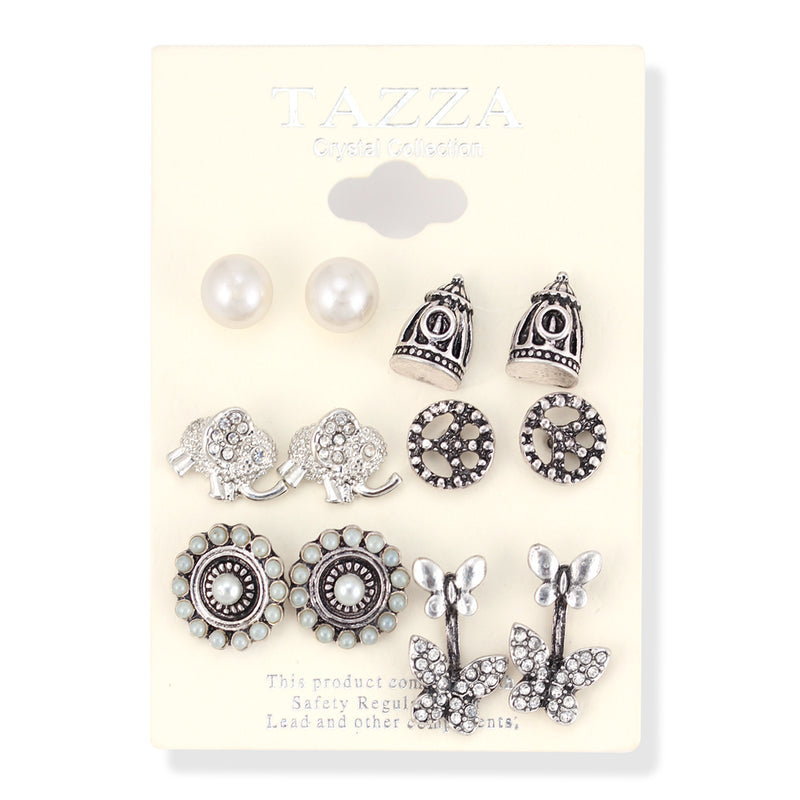Silver-Tone Metal Set Of 6 Pearl And Crystal Stud Earrings