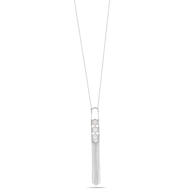 Rhodium-Tone Metal Mother Of Pearl Adjustable Lobster Claw Closure Tassel Necklace 